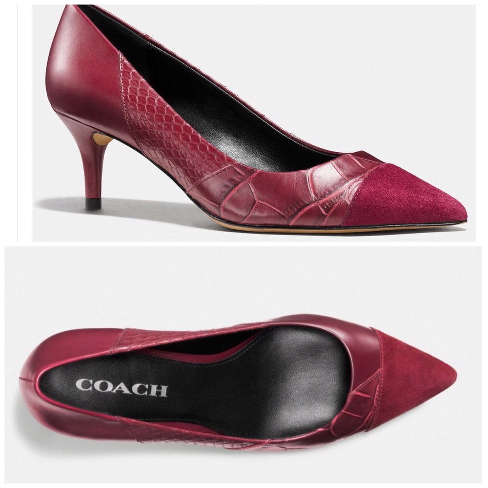 New Coach Patchwork Burgundy Suede Heels - Picture 2 of 6